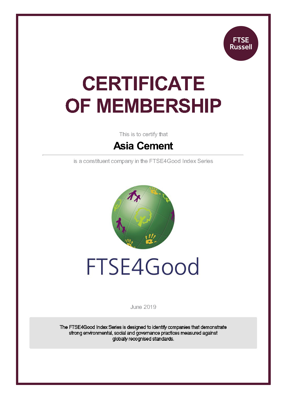 20190730 Asia Cement FTSE4Good Certificate